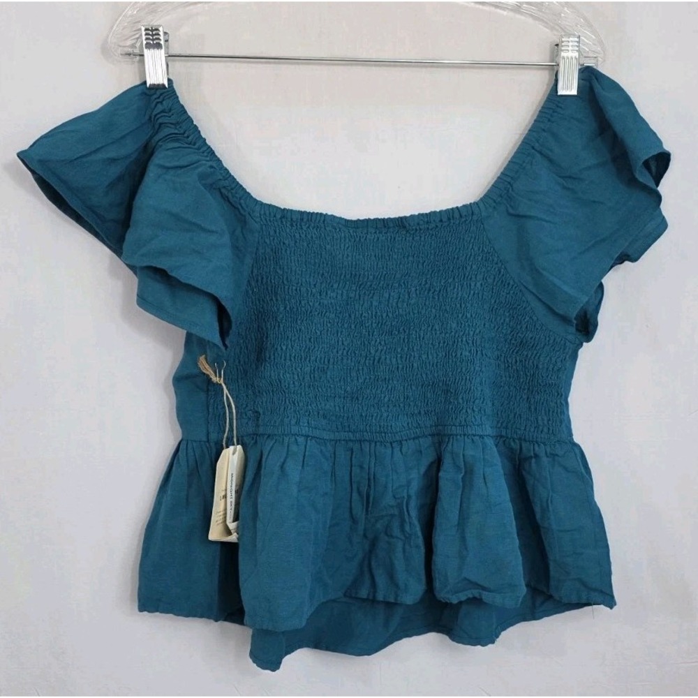 NWT Midnight Sky L Babydoll Smocked Flutter Sleeve Green Top Women's Boho Blouse - Picture 2 of 7